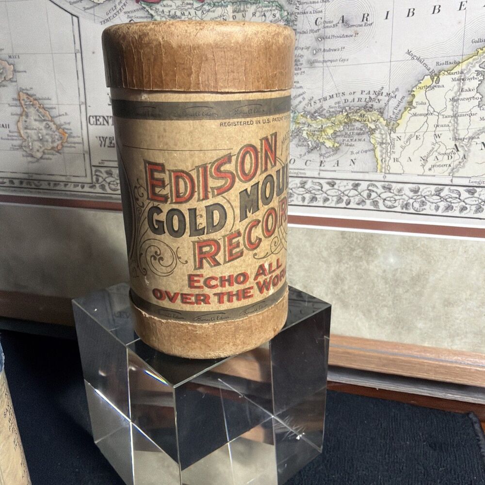 Primitive Edison Gold Molded Tube Record c 1902, Case And Record